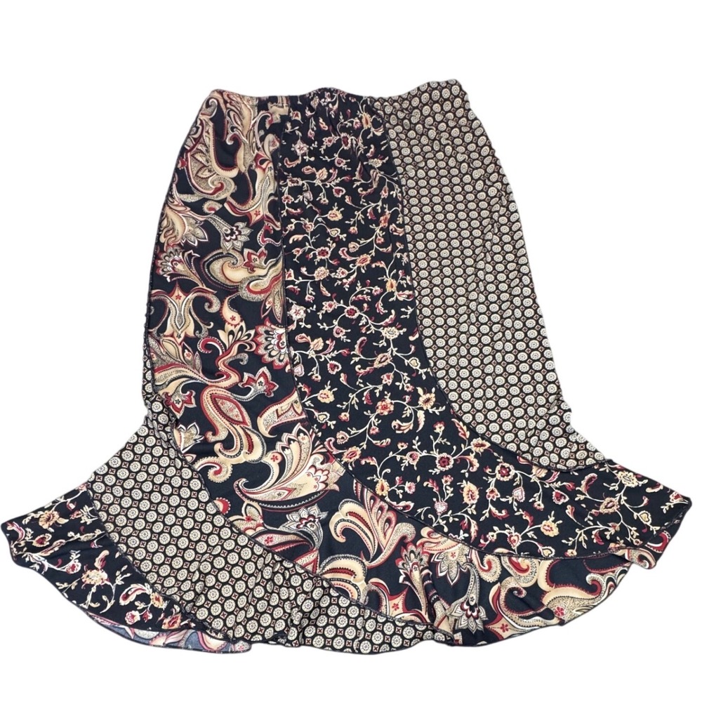 Patchwork Paisley Floral Ruffle Mermaid Skirt Womens M Midi Black Red Festival